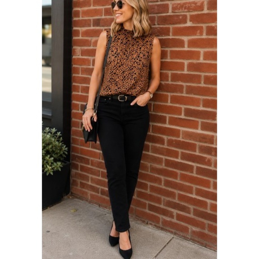 Gap Womens Leopard Print Sleeveless High Ruffle Neck Blouse Tan Black Small